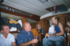 Mike Sigma crew join the party on baord Cracker (with Mike's dodgy Greek brandy)